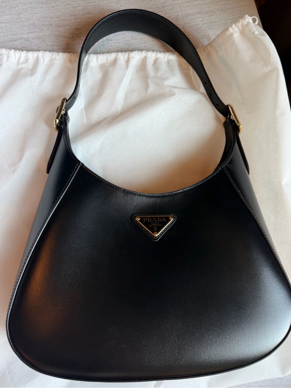 Prada Black Leather Shoulder Bag with Gold-Tone Triangle Logo